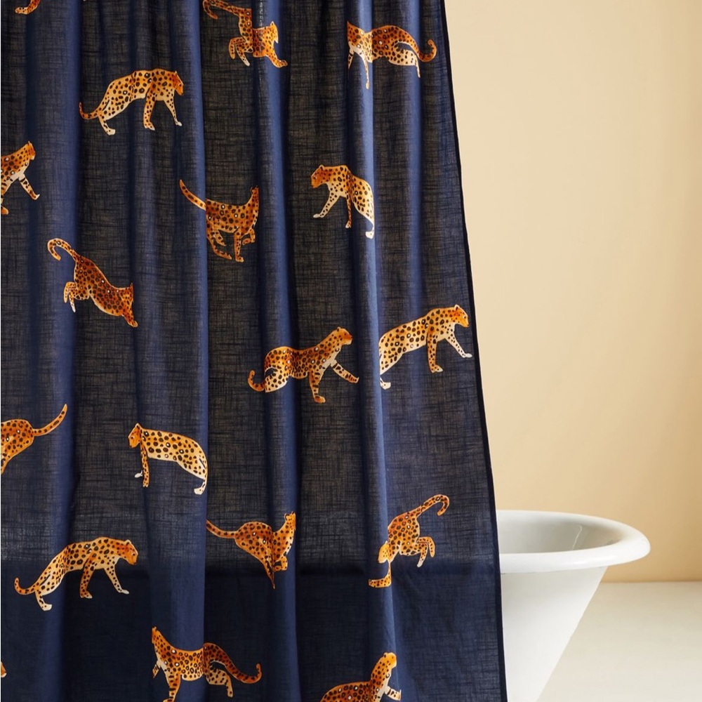 Anthropologie Navy and Orange Leopard Shower Curtain